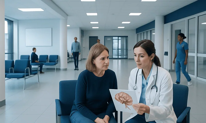 Neurologist explains brain scan to patient in hospital waiting area.