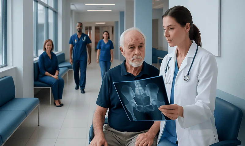 Doctor explaining hip X-ray to elderly patient in hospital corridor.