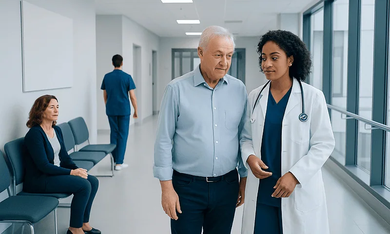 Doctor consulting with an elderly patient in hospital corridor.