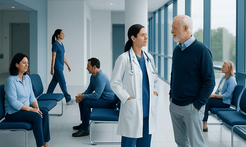 Medical professionals and patients in a hospital waiting area.