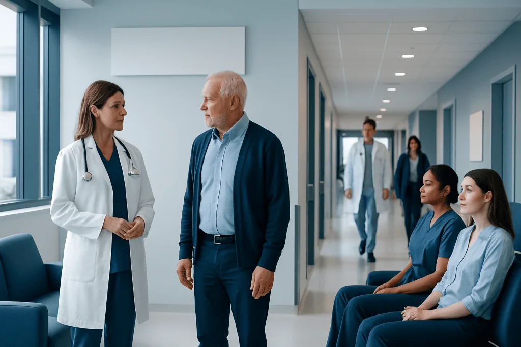 Aortic Aneurysm Repair: When Surgery or Stenting Is Recommended 1 Doctor consulting with a patient in a hospital corridor.