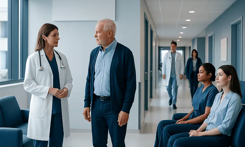 Doctor consulting with a patient in a hospital corridor.