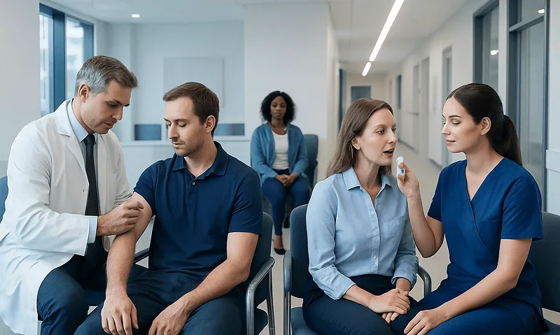Doctor administering allergy shot to patient in a clinical setting.
