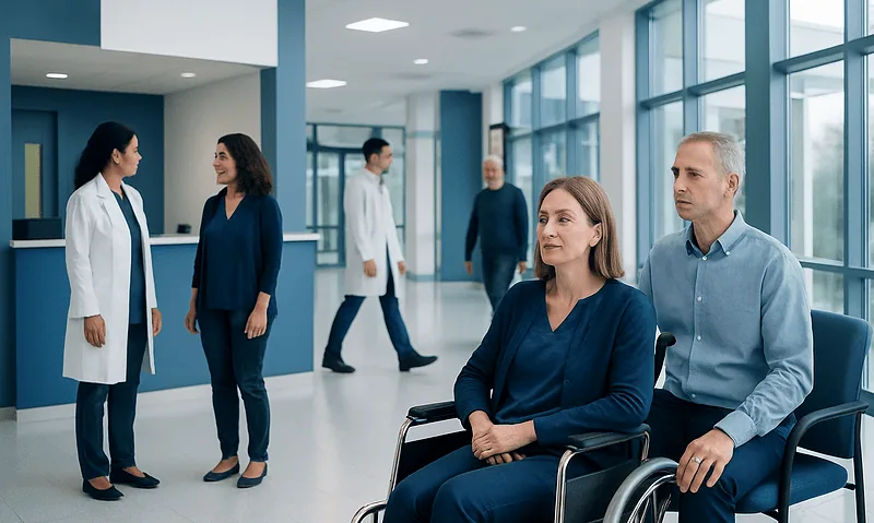 Patients and medical staff in a modern hospital corridor.