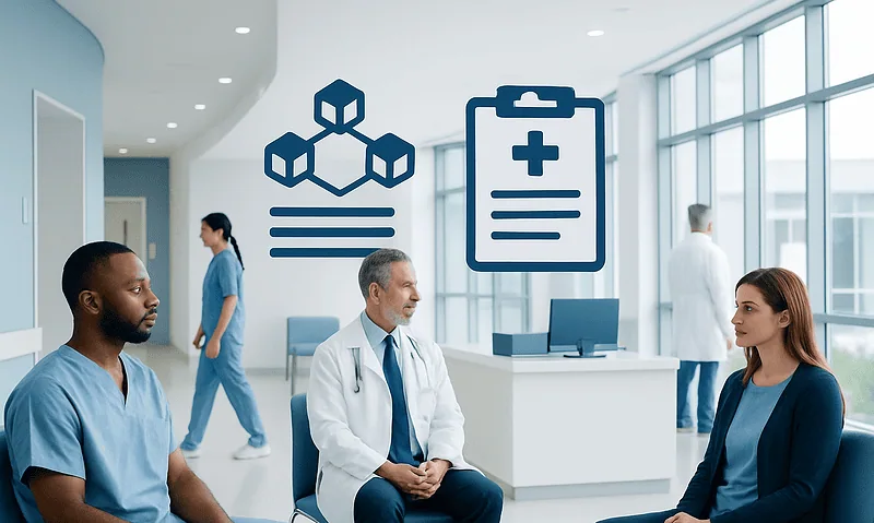 Blockchain vs Traditional Health Records: What Is the Difference? 9 Medical professionals and patients in a modern hospital waiting area.