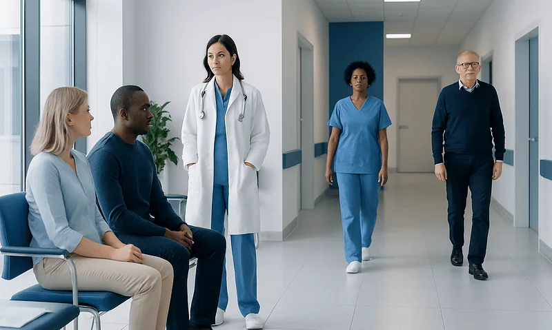 Medical team consulting with patients in hospital corridor.