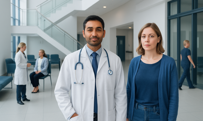 Doctor and patient in hospital lobby with medical staff in background.