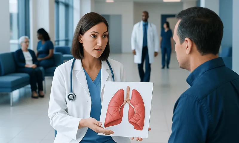 Doctor explaining lung anatomy to patient in hospital setting.