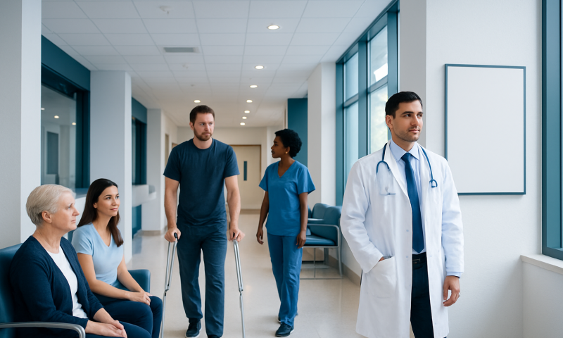Healthcare professionals and patients in a hospital corridor.