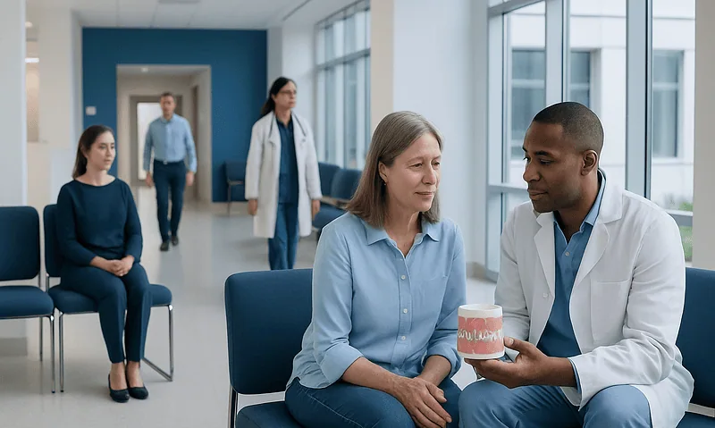 Dentist explaining dental implant options to a patient in a clinic.