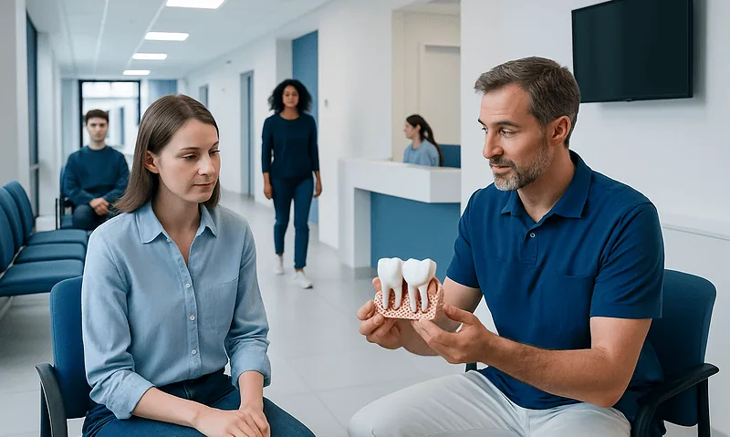 Dentist explaining dental implants to a patient in a clinic.