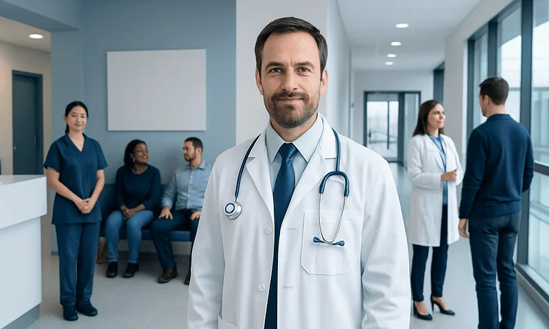 ENT specialist doctor with medical team in hospital corridor.