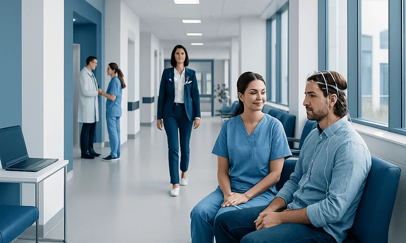 Patients waiting in a hospital corridor with medical staff in the background.