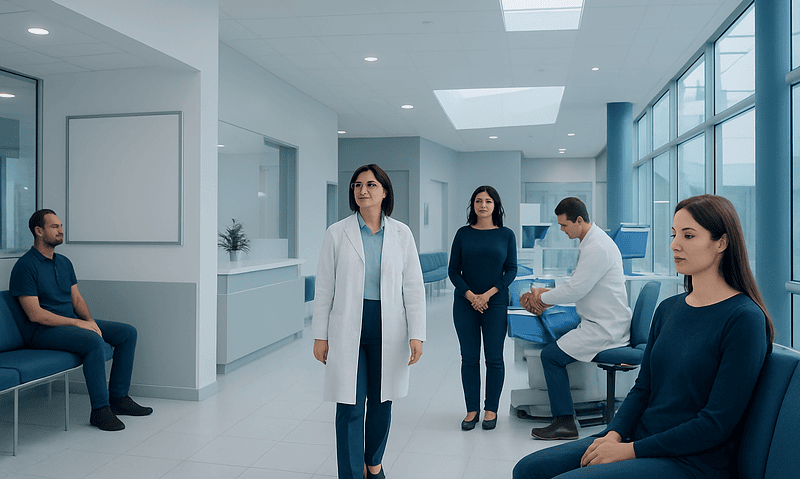 Patients and doctor in a modern ophthalmology clinic waiting area.