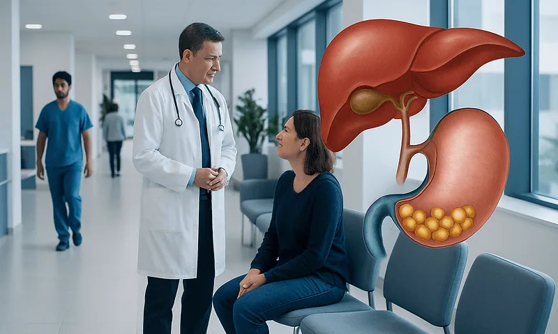 Doctor consulting patient about gallbladder health with anatomical diagram.