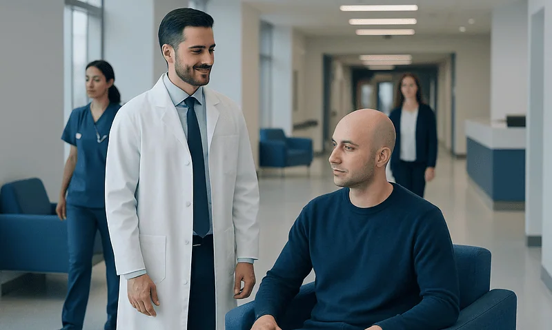 Doctor consulting a patient in a modern hospital corridor.