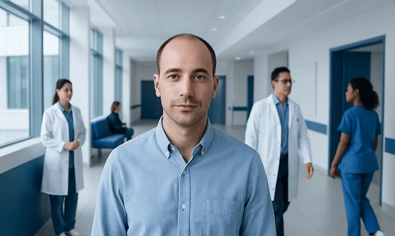 Confident male patient in hospital corridor with medical staff in background.