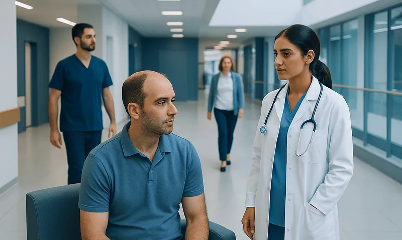 Doctor consulting male patient in hospital corridor with staff in background.