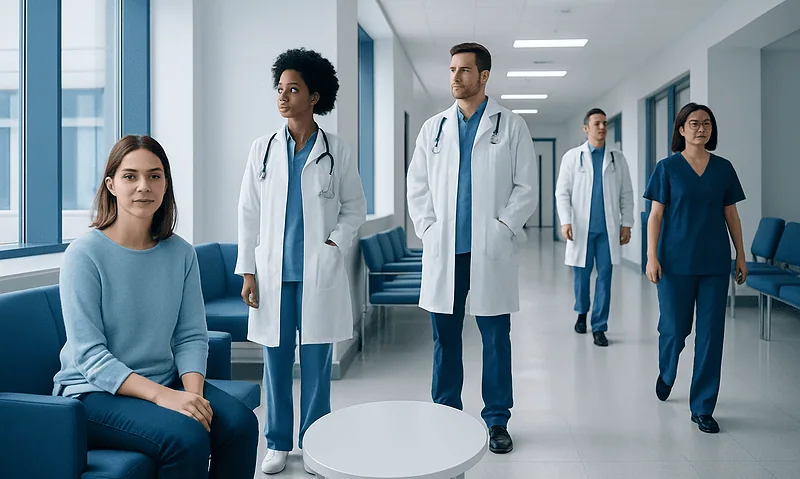 Medical team in hospital corridor with patient sitting on sofa.