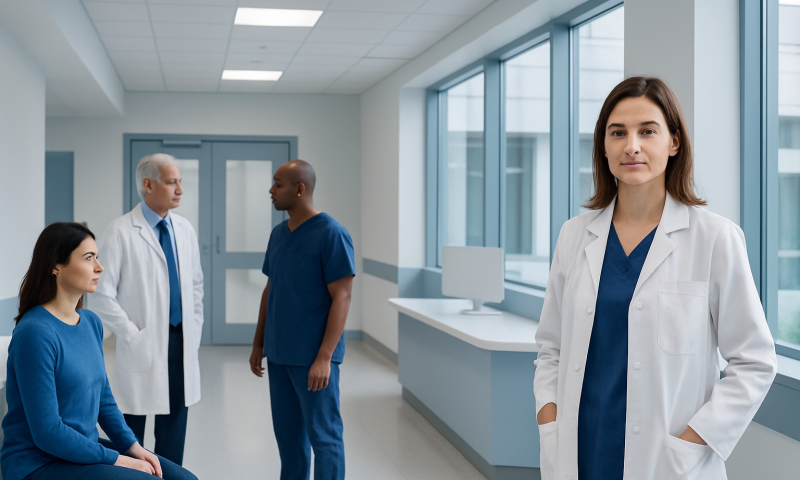 Medical team consulting in a hospital corridor with a female doctor in the foreground.