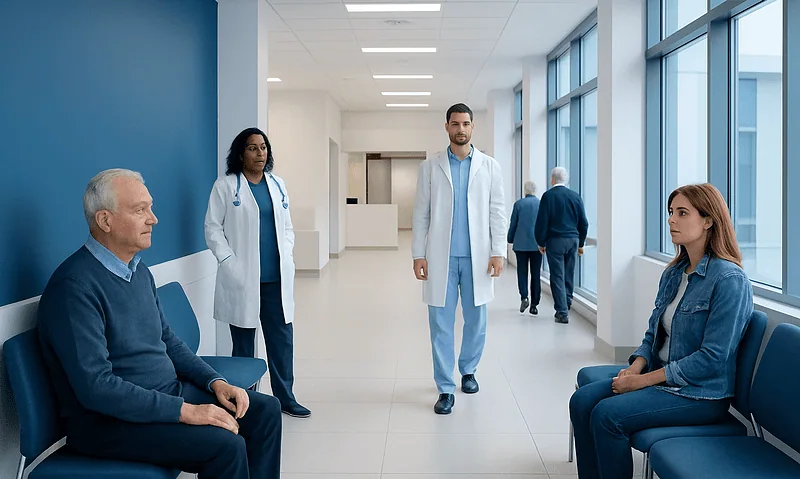 Medical consultation in a modern hospital corridor with patients and doctors.