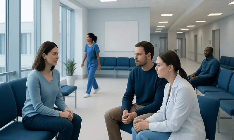 Patient consultation in a modern hospital waiting area with medical staff.