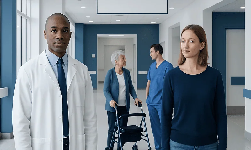 Medical professionals and patient in hospital corridor at Acibadem Hospitals Group.