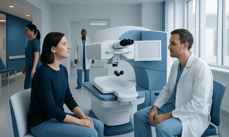 Patient consulting with ophthalmologist in modern eye care clinic.