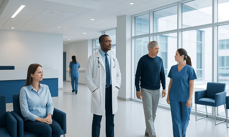 Medical professionals and patients in a modern hospital lobby.