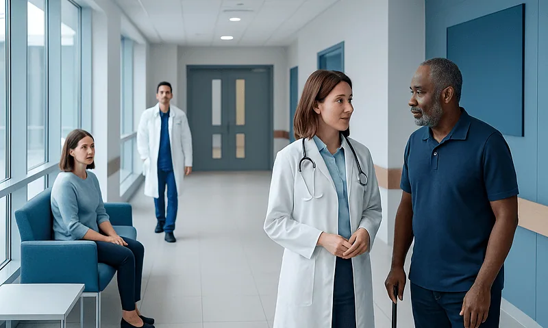 Medical team consulting with a patient in a hospital corridor.
