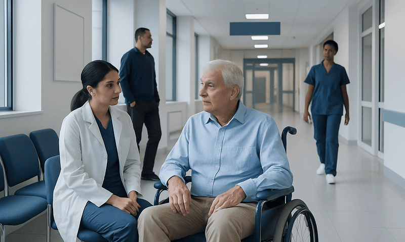 Health Library 15 Medical consultation in hospital corridor with patient in wheelchair and healthcare professionals.