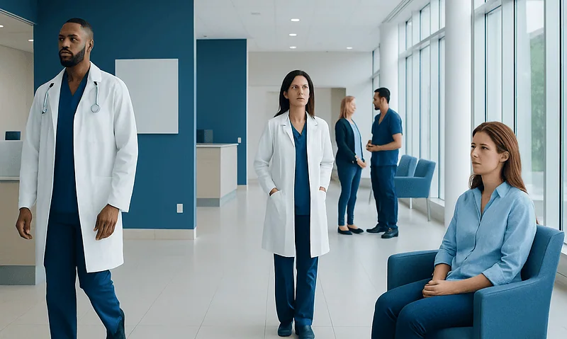 Medical professionals and patient in a hospital corridor.