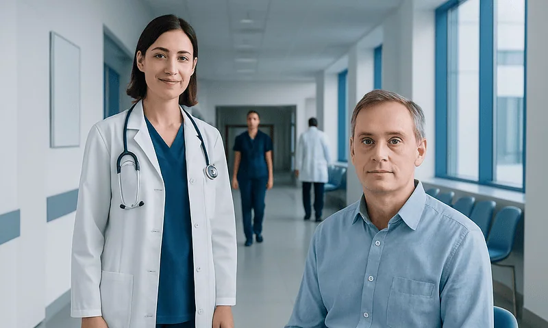 Medical professionals in hospital corridor with patient and staff.