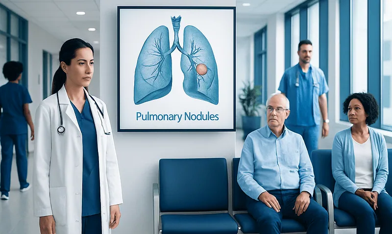 Medical consultation on pulmonary nodules with doctors and a lung diagram.