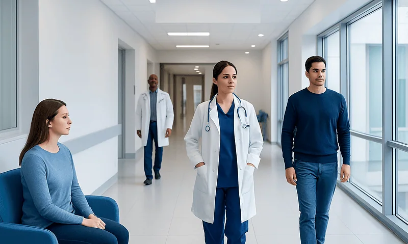 Healthcare professionals and patient in hospital corridor at Acibadem Hospitals Group.