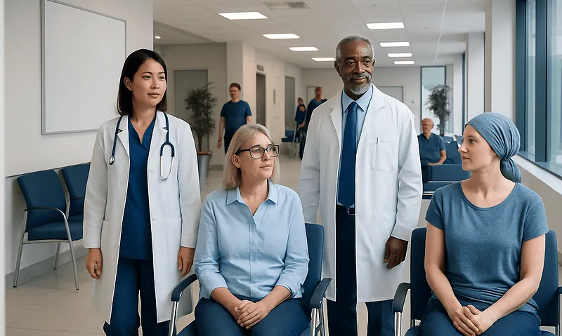 Types of Cancer: Main Categories Explained 2 Medical team consulting cancer patient in hospital corridor.