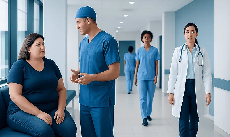 Medical team consulting patient in hospital corridor.