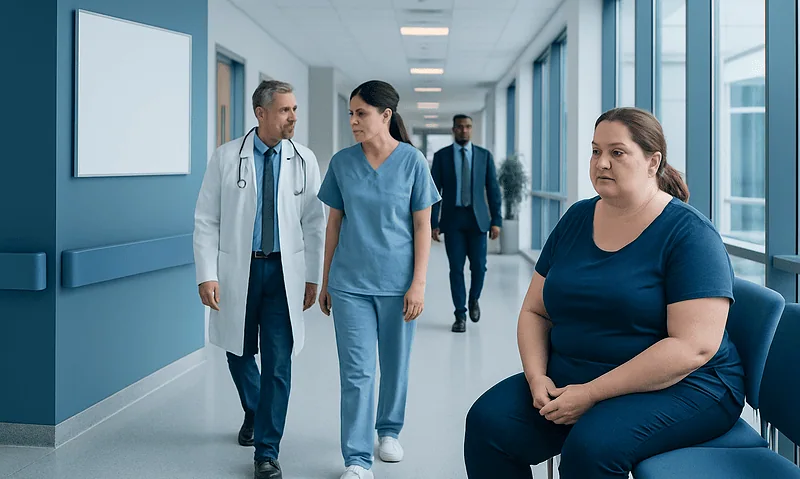 Medical team discussing patient care in hospital corridor.