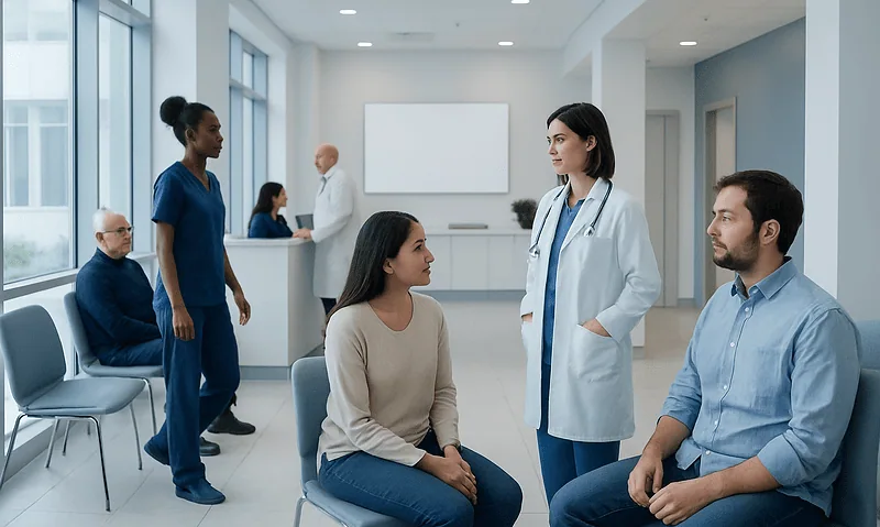Medical consultation in a modern hospital waiting area with healthcare professionals and patients.