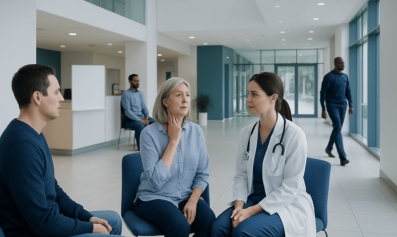 Doctor consulting with a patient in a modern hospital lobby.