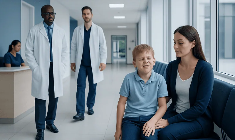 Tics in Children: When Habits, Movements, or Sounds Need Neuropediatric Assessment 7 Child with tics at hospital visit with medical staff nearby.