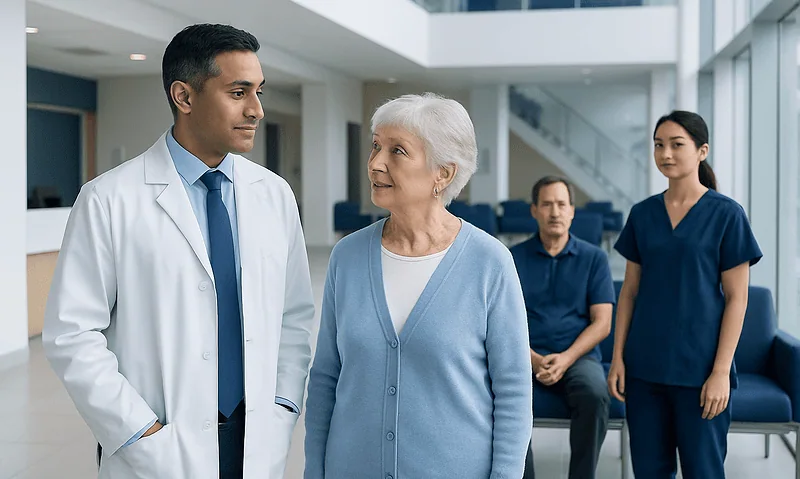 Doctor consulting elderly woman in hospital lobby with staff in background.