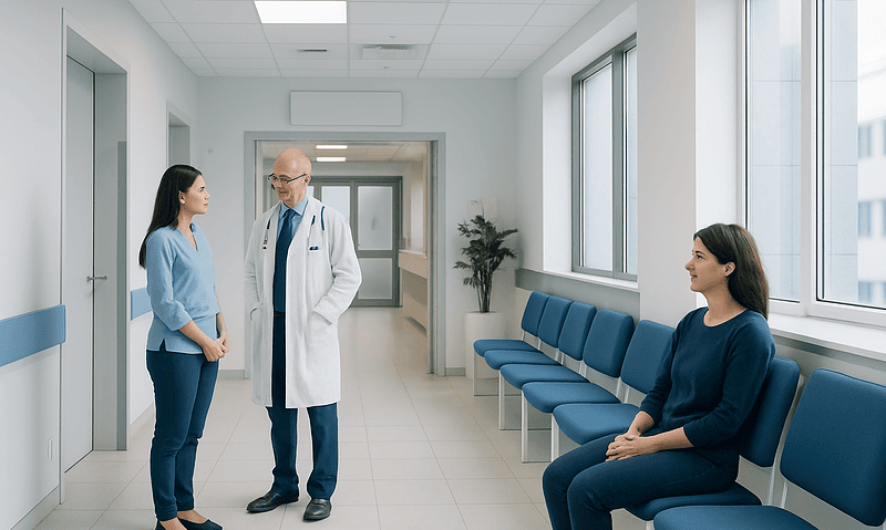 Doctor consulting with patient in hospital corridor.