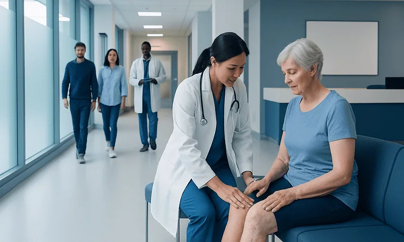 Doctor examining elderly woman's leg in hospital corridor.