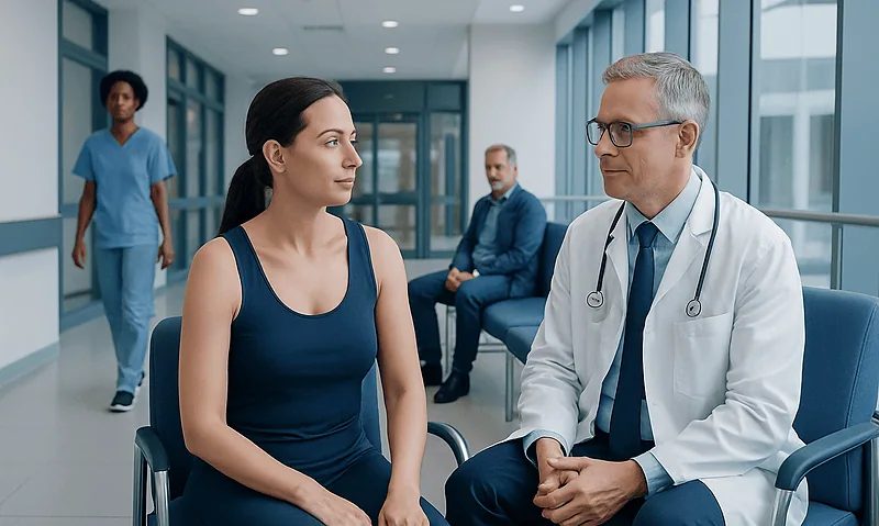 Patient consulting with doctor in hospital corridor for arm liposuction.