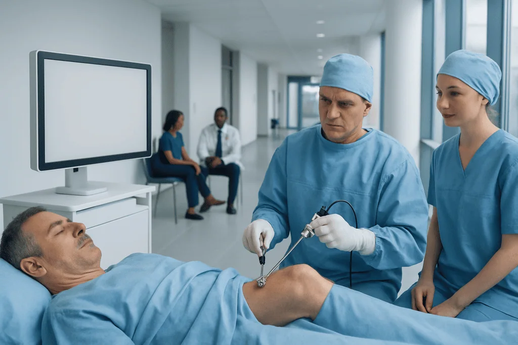 Arthroscopy Explained: What Happens During Minimally Invasive Joint Surgery 1 Surgeon performing arthroscopy on patient's knee in hospital setting.