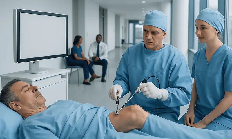 Surgeon performing arthroscopy on patient's knee in hospital setting.