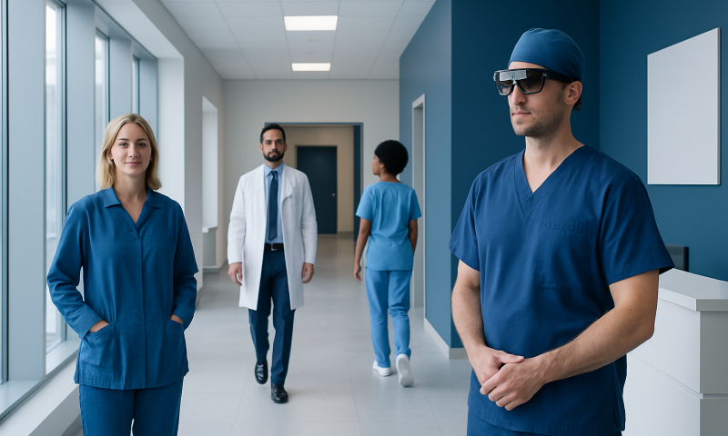 Augmented Reality in Surgery: What It Is and How Surgeons Use It 4 Medical team in hospital corridor with augmented reality glasses.