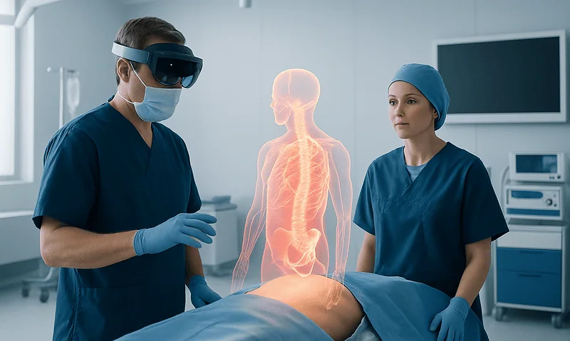 Surgeons using augmented reality for surgical guidance in a modern hospital.