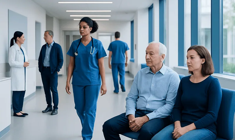 Healthcare professionals and patients in a modern hospital corridor.